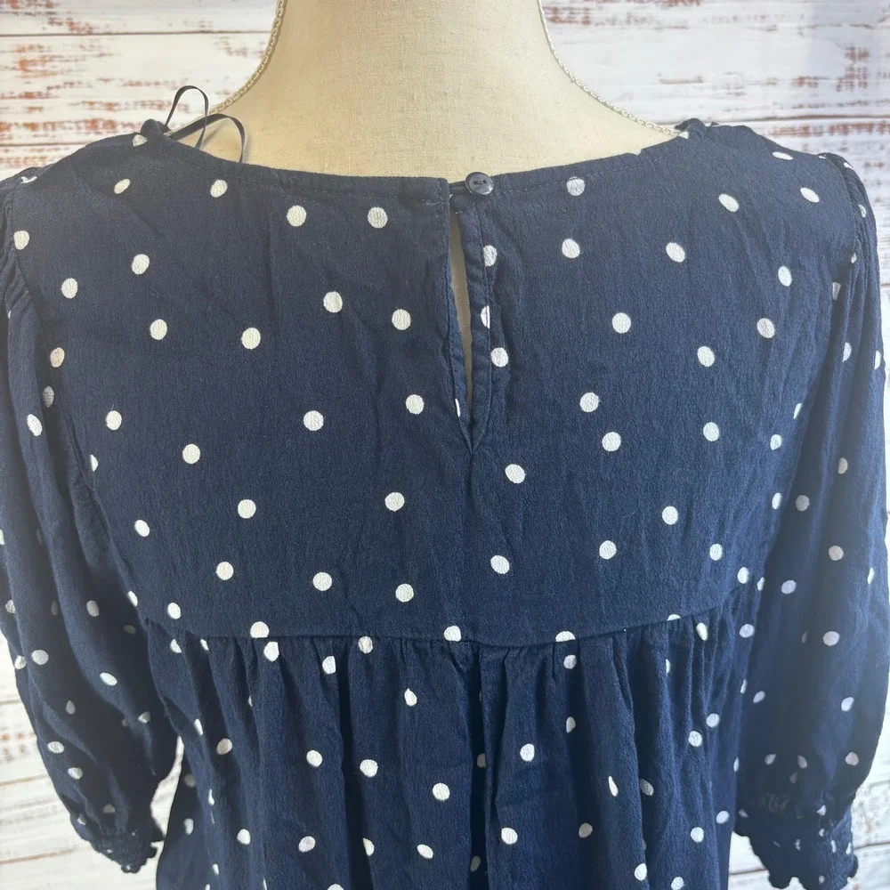 Navy Flowy Polka Dot Smocked Yoke Blouse 0X 14 Crepe Peasant Preppy Retro
